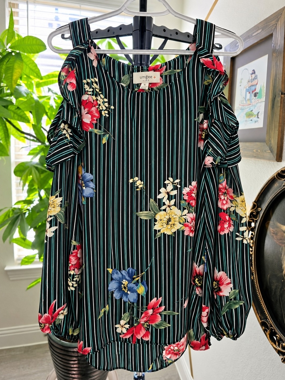 Umgee Black Striped Cold-Shoulder Midi Dress with Multicolor Floral Print